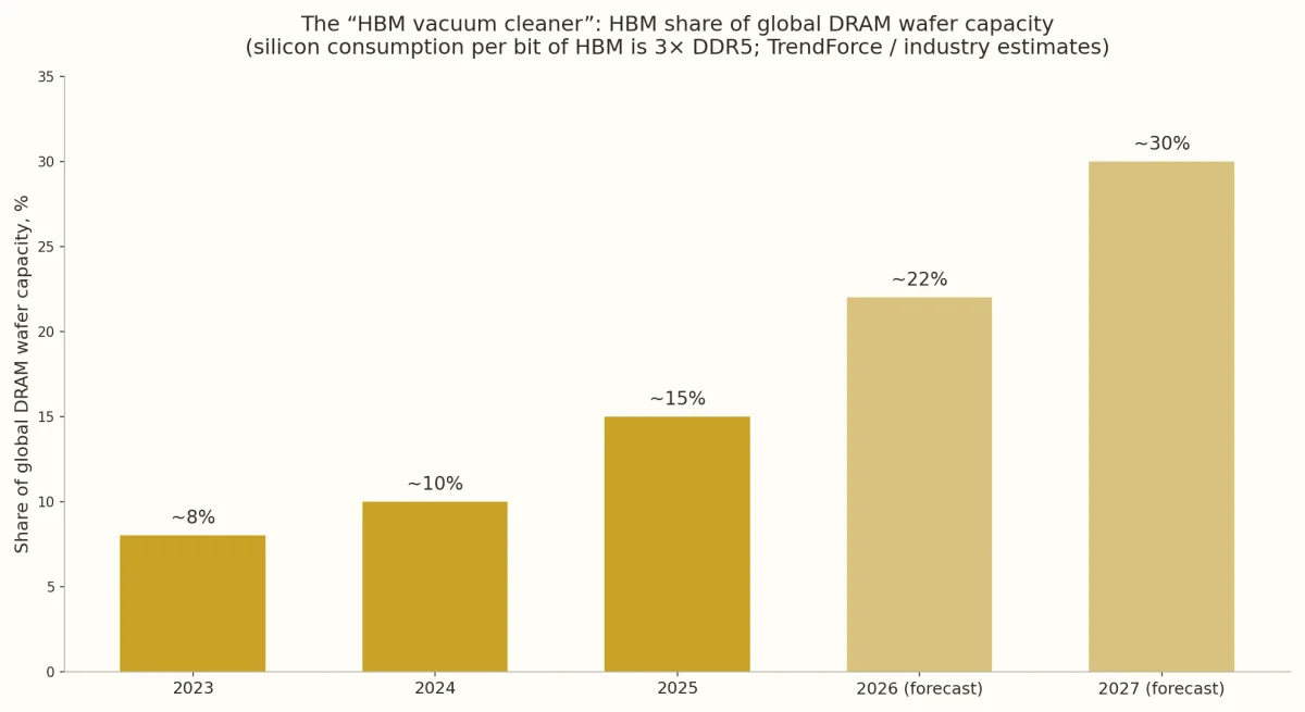 Bar chart: HBM share of global DRAM wafer capacity rising from ~8% in 2023 to ~30% in 2027 (forecast)