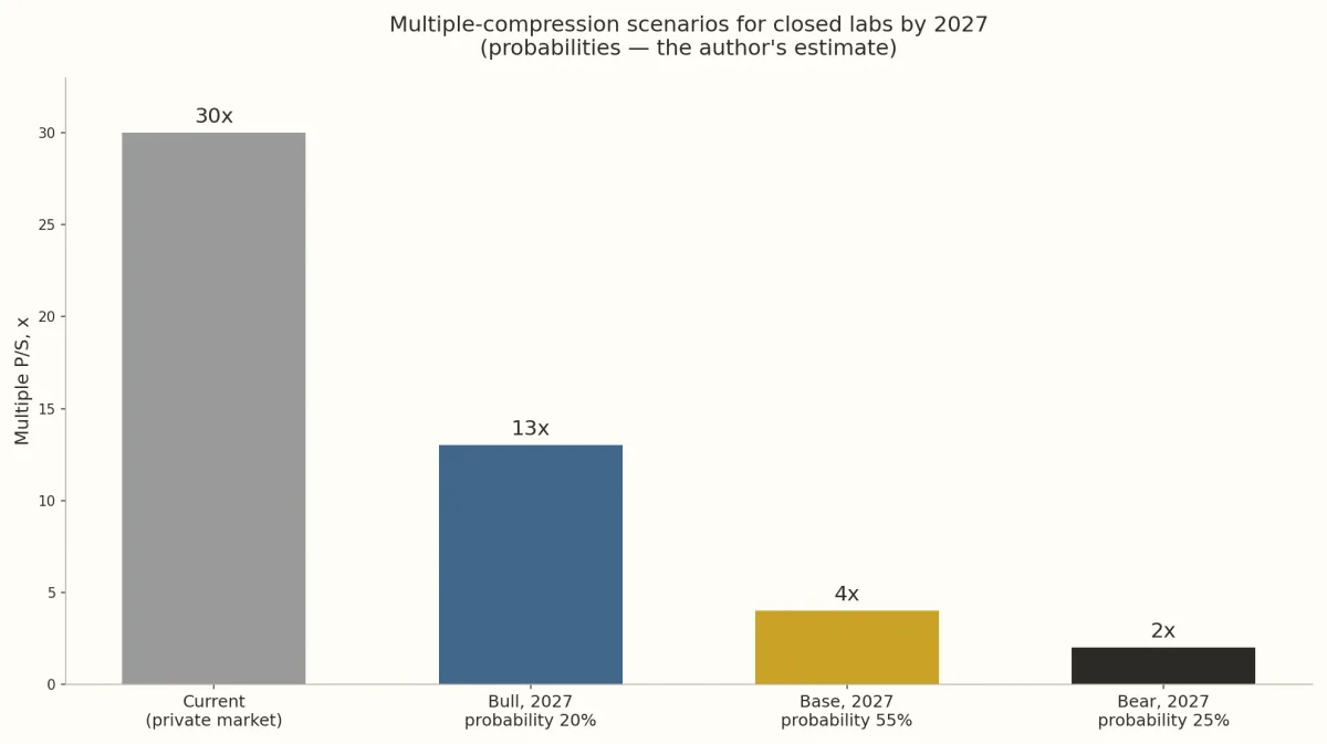 Bar chart: P/S 30x today versus 2027 scenarios — bull 13x (20%), base 4x (55%), bear 2x (25%)
