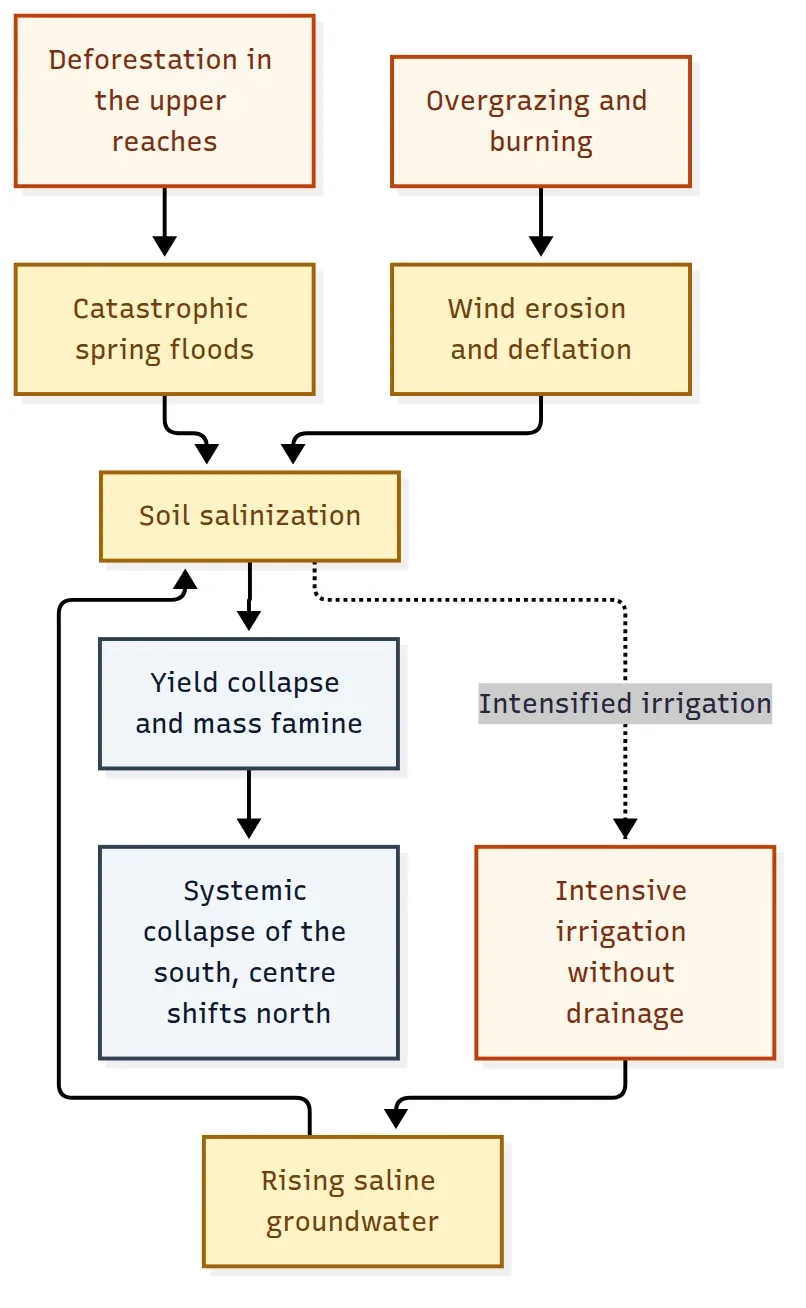Three feedback loops: deforestation, drainage-free irrigation and overgrazing converge on soil salinization, which closes the loop through intensified irrigation