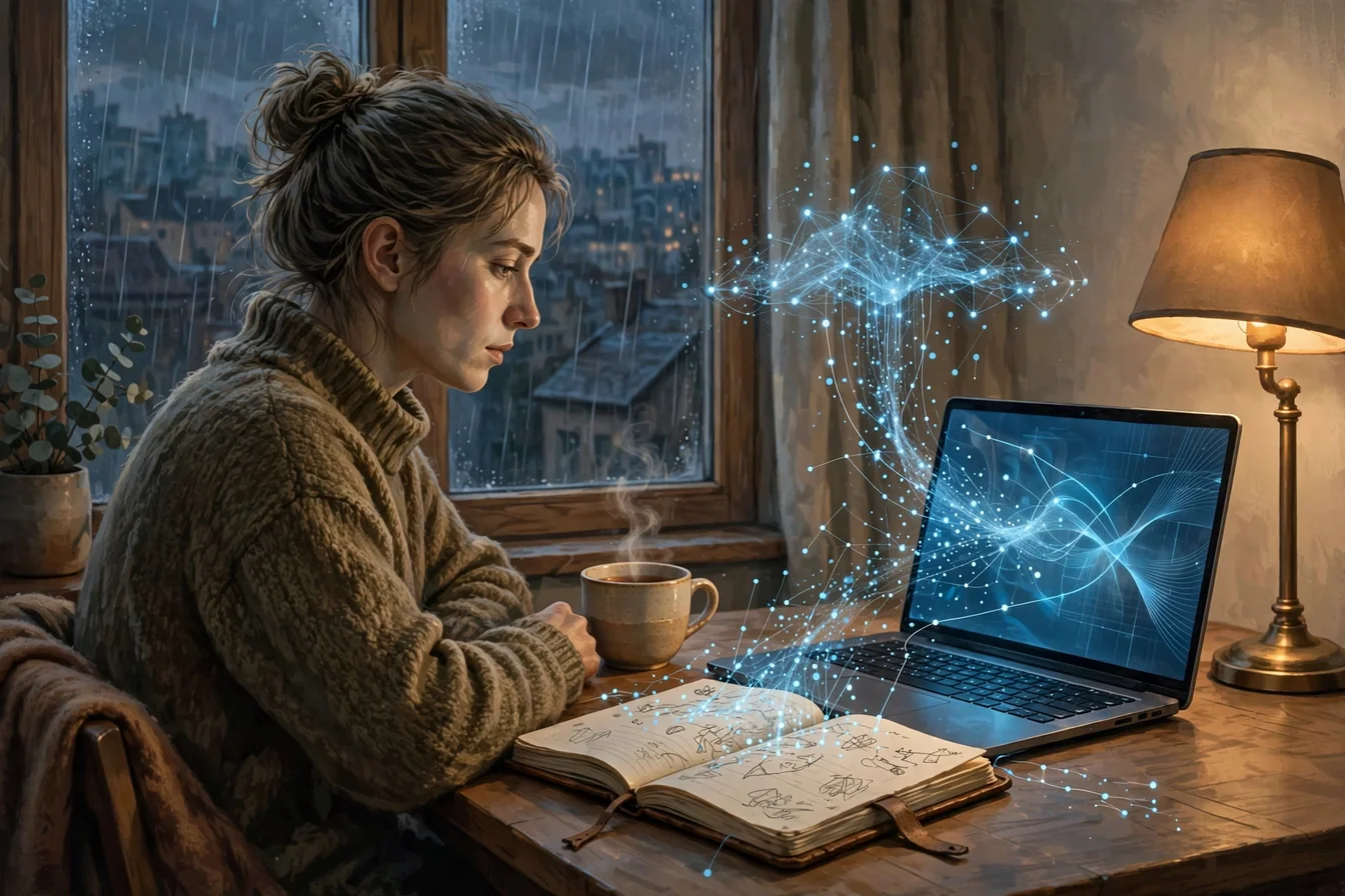 The Convenient Notebook - confessional, evening with tea and a laptop