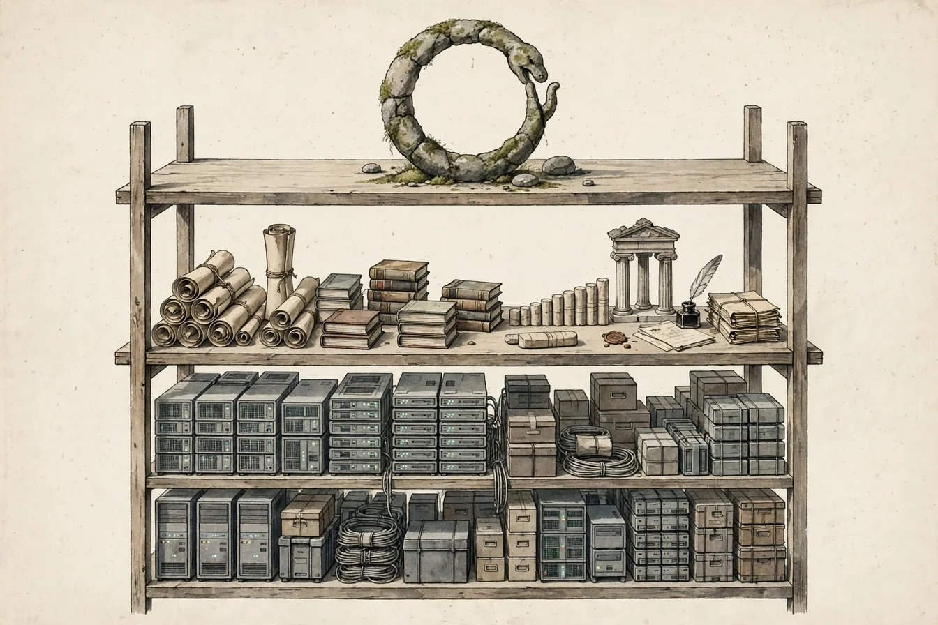 The Archive - three stages of evolution, shelves of a warehouse