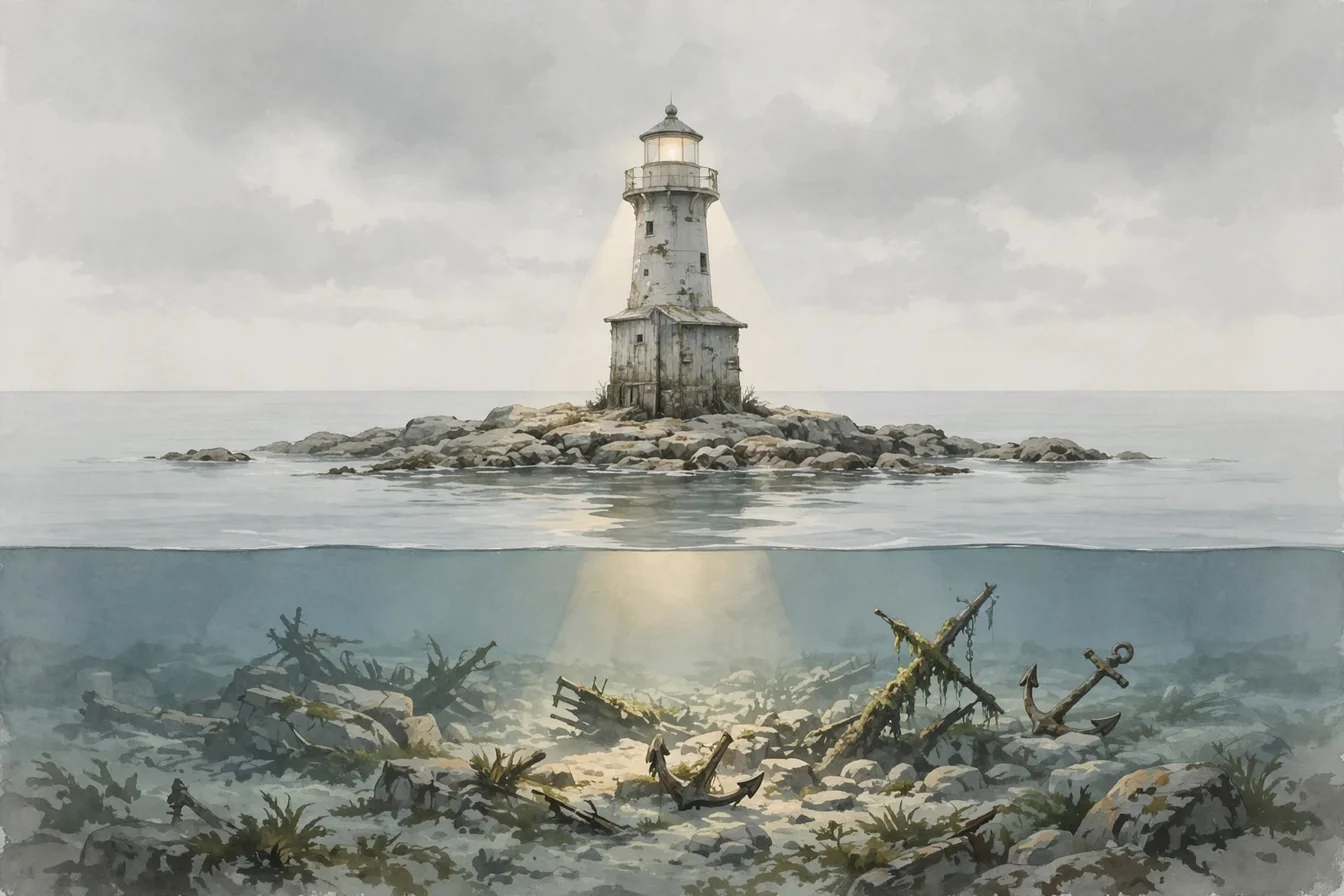 A lighthouse on the shoal, shining so the bottom is visible